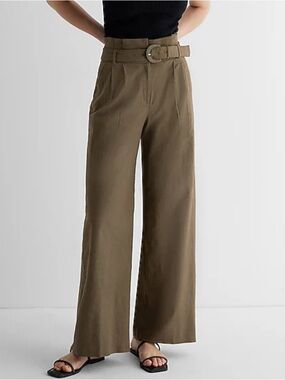 Express Olive Green Paperbag Waist Wide-Leg Chinos W/ Belt
